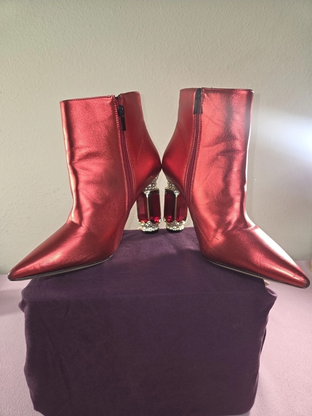 Metallic Red Jewel-Embellished Ankle Booties - Picture 5 of 6
